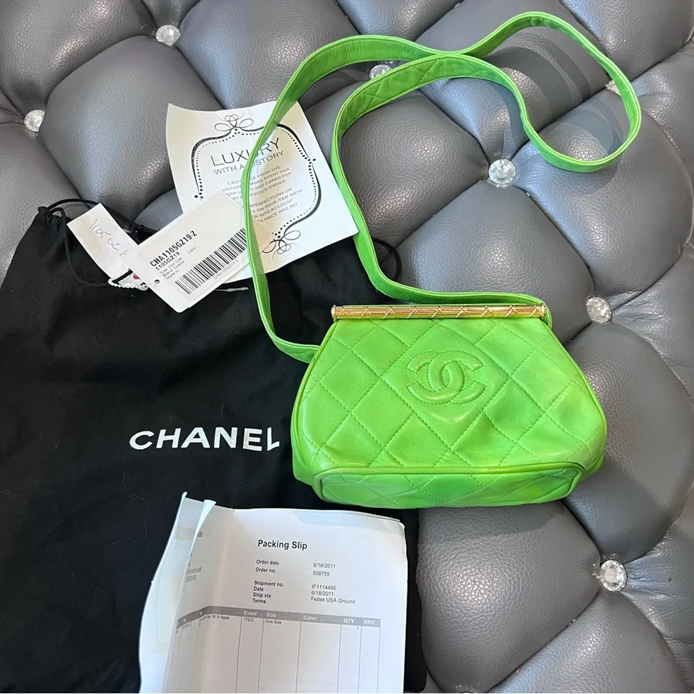 CHANEL Vintage Apple Green Quilted Mini Shoulder Bag with Gold Bar
